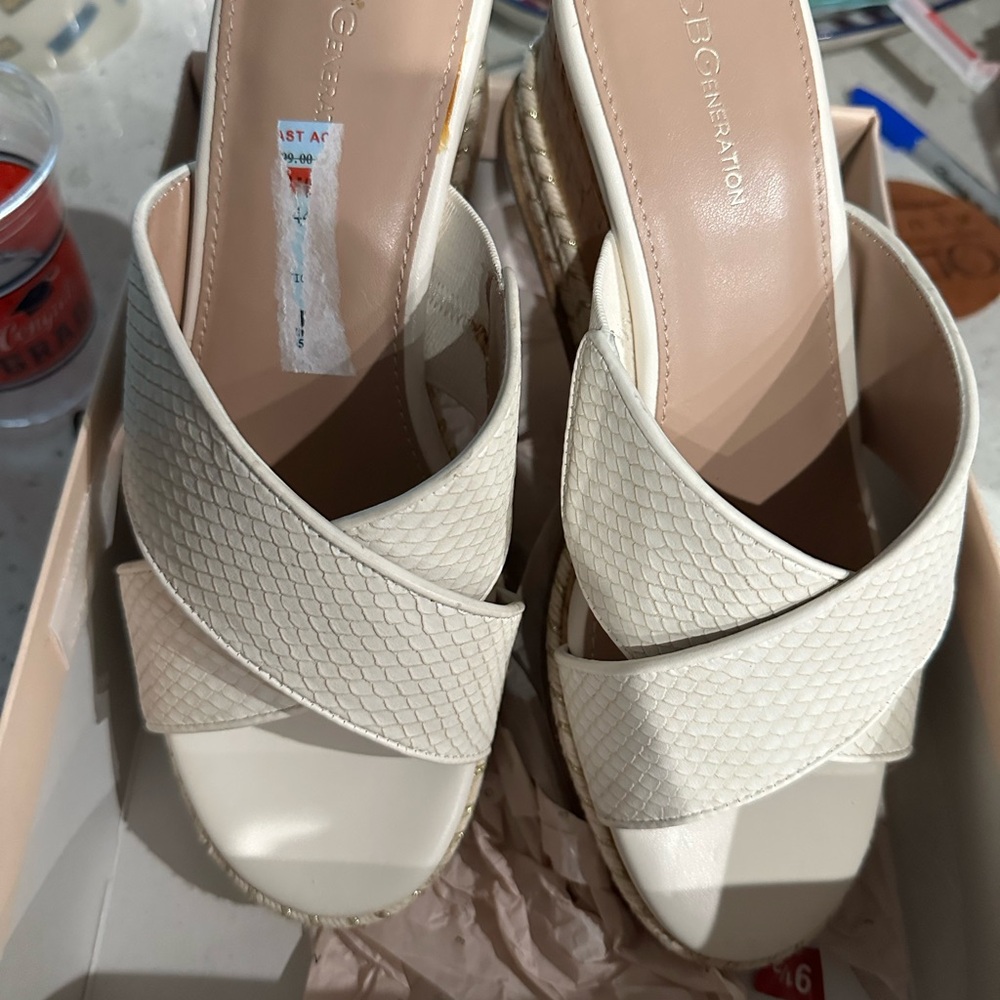 BCBG Cream Textured Wedge Sandals